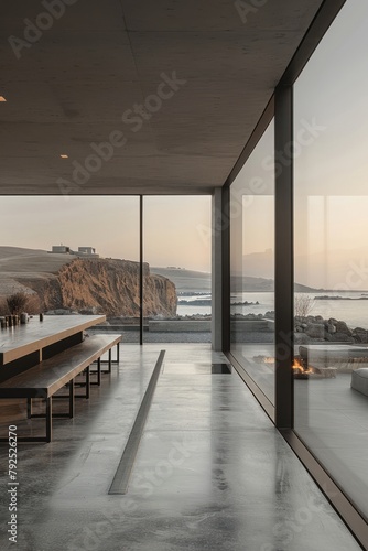 A modern house with a large glass window looking out onto the ocean.