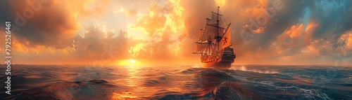 A pirate ship sails on a rough sea at sunset.
