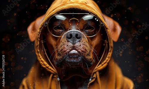 A dog is pictured wearing sunglasses and a hoodie.