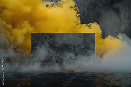 yellow smoke envelops a gray banner on a dark background.