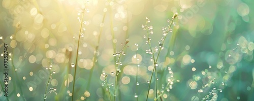 Early spring meadow bathed in sunlight with dew drops on grass