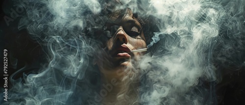 A woman's face is obscured by a cloud of cigarette smoke.