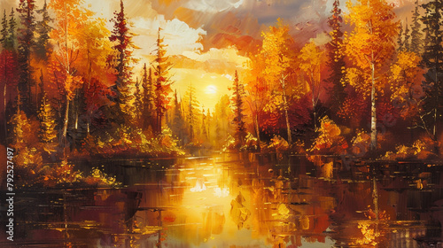 "Autumn forest ablaze in sunset hues, reflecting in calm waters."