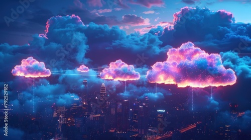 A city skyline with clouds that are shaped like brains and glowing with neon light.