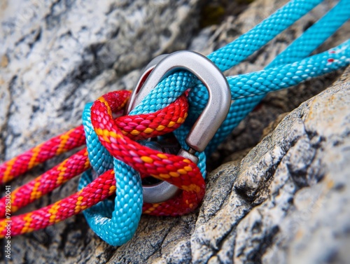 Close-up of colorful climbing ropes intertwined with a carabiner on a rocky surface.