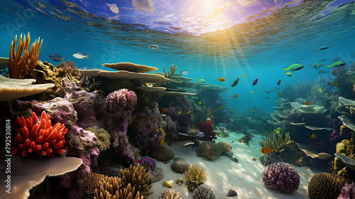 Coral reef and tropical fish on the seabed under the sun
