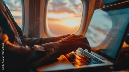 business traveler working on a laptop during a flight, maximizing productivity while en route to their destination.