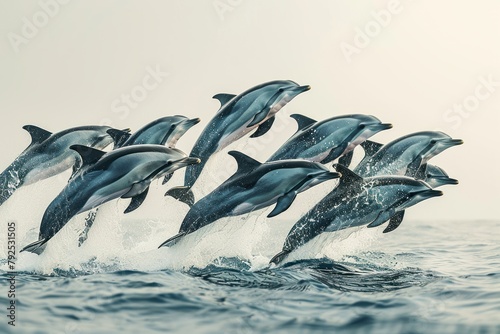A pod of dolphins jumping out of the water.
