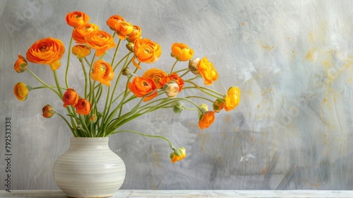 Orange ranunculus flowers in white ceramic vase against grey textured background.