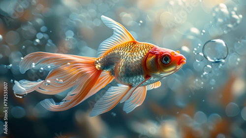 Fantail Goldfish with Bubbles in Tank