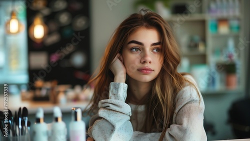 Create a realistic photo of a girl manicurist sitting pensively at her desk. Make sure that the photo shows all the manicure supplies neatly laid out next to her. The girl should be looking away, imm