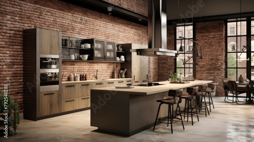 A kitchen featuring a brick wall and a spacious island for gourmet cooking and entertaining
