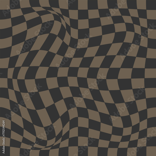 Groovy seamless background set. Repeating retro hearts, daisies and checkered pattern collection. Vintage psychedelic checkerboard wallpapers. Distorted orange green backdrop in 60s, 70s style. Vector