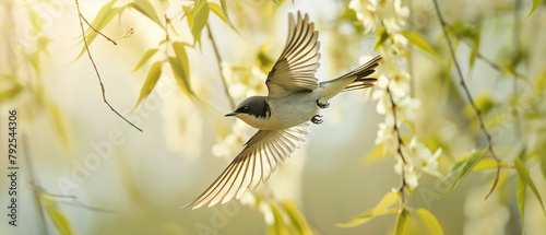 A swallow flying in the sky, clean background, light green background, spring willow tree