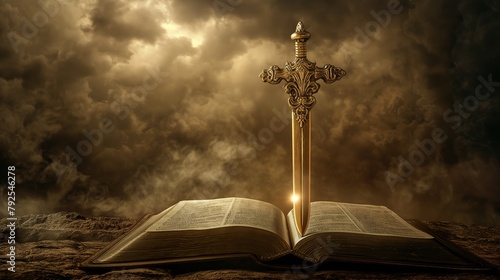 Bible with sword on top. concept of God protection