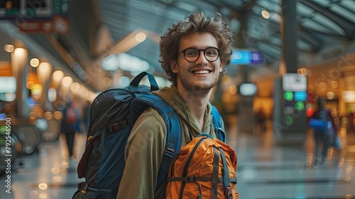 Portrait of a happy young man solo traveler with a backpack inside an airport terminal , backpacker going to an new adventure concept image with copy space