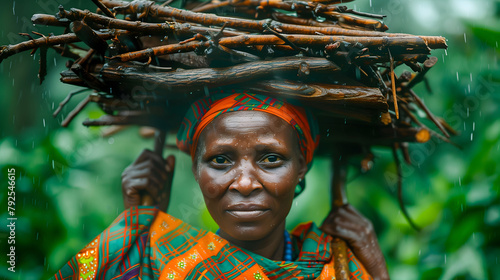 A woman wearing a colorful scarf and carrying a bundle of sticks on her head. Concept of strength and resilience as the woman carries the heavy load despite the rain