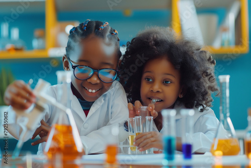Happy little cute girl in lab coat doing science experiment with her African boy buddy friend, young school kid scientist having fun in chemistry laboratory, little children doing