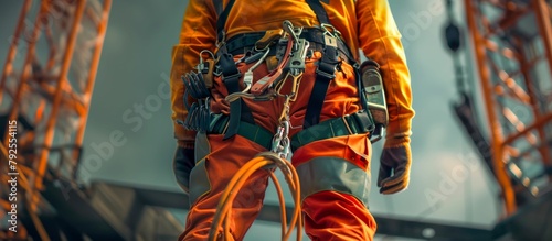 Construction Worker's Safety Harness and Gear Close-Up. Generative ai