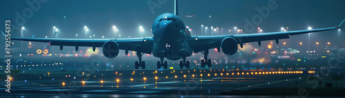 A panoramic view of a commercial airplane landing at dusk, with runway lights guiding the path on a busy airport tarmac. 