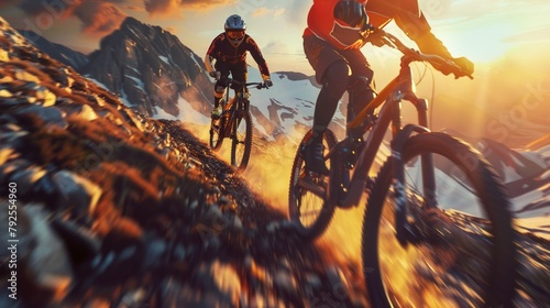Adrenaline-Fueled Mountain Biking on a Rugged Alpine Trail at Sunset. Generative ai