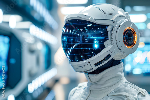Person in white spacesuit with blue visor is looking towards the camera.
