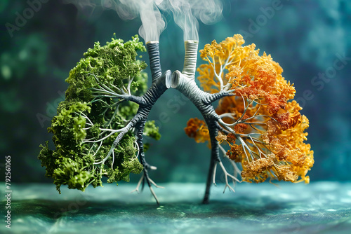 Colorful representation of lung with inhaled smoke depicted as being absorbed into the lungs.