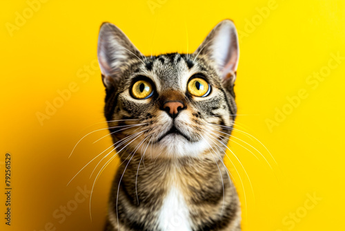 Cat with yellow eyes stares at something above the camera.