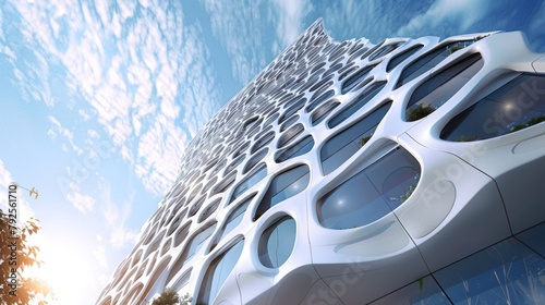 Closeup of a bioinspired facade designed with strategically p shading elements and natural ventilation systems to optimize energy efficiency and reduce the need for mechanical cooling. .