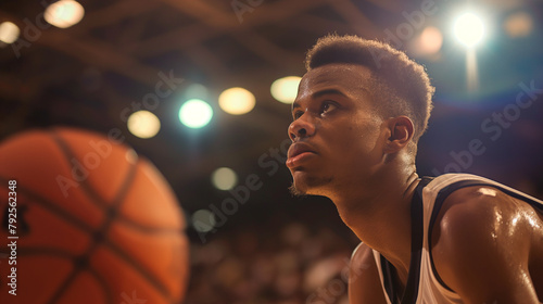 Under the bright lights of a packed stadium, a young male basketball player drives to the hoop with determination, sweat glistening on his brow