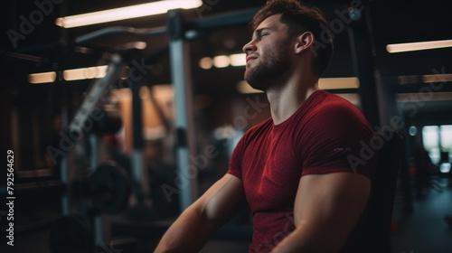 A Caucasian gym-goer holds his aching shoulder. Man with excruciating arm injuries from shattered joint and workout muscle inflammation. Stiff bodily cramps producing pain and strain