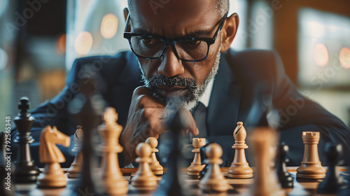 Business executive pondering over a chessboard 