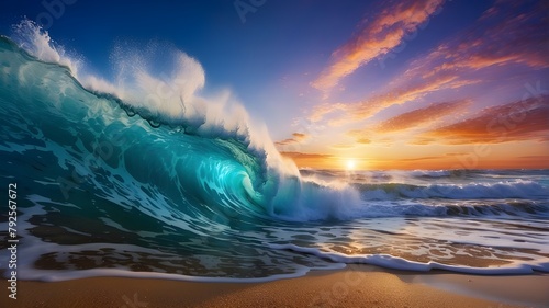 "Vivid blue, orange, and purple waves swirling and crashing onto a sandy beach, creating a dynamic and colorful sea and ocean background. The waves are depicted in a surrealistic style, with exaggerat