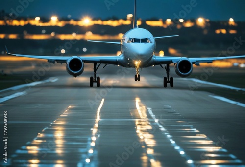 'landing aircraft runway night ahead commercial aerospace industry aeroplane business cockpit jet plane retail tire transportation travel wing instrument panel control lit navigation'