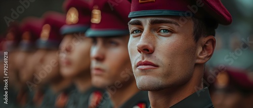 Serious soldiers in maroon berets showing respect and discipline at ceremony. Concept Soldiers, Maroon Berets, Respect, Discipline, Ceremony