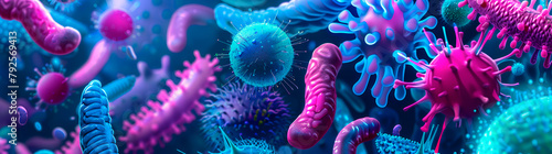 Bacteria, microbes and other microorganisms banner or wallpaper. Concept of probiotic gut bacteria and micro flora. 