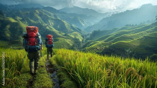 Friends trekking through Asian rice fields, their backpacks symbolizing the freedom and adventure of summer backpacking.