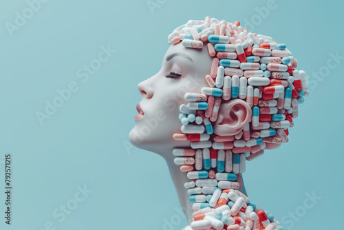 Woman head filled with pills, drug addiction,