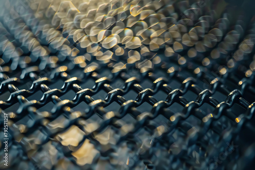A close up of a chain link fence with a blurry background. The fence is made of metal and has a shiny, reflective surface. The image has a dreamy, ethereal quality to it