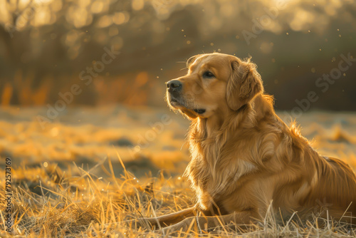 A golden retriever is laying in the grass, looking at the camera. The scene is peaceful and serene, with the dog being the main focus