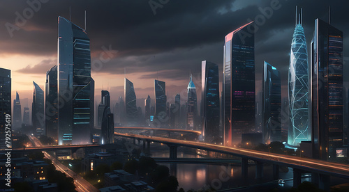 Futuristic cityscapes that illustrate the intersection of technology and mental health care. a world where advanced AI algorithms and virtual reality simulations are seamlessly integrated, dark