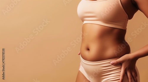 Close-up of a woman's torso wearing a beige sports bra and matching underwear