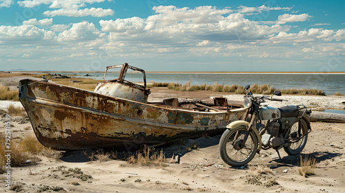 Color image of a wrecked ship and a sidecar motorcycle