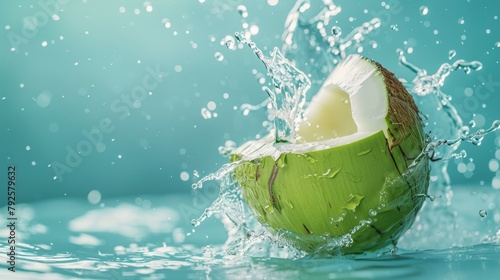 Coconut water splashing out of a fresh green coconut isolated on a pastel summer blue background