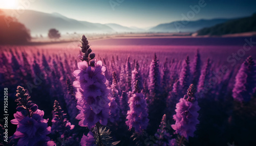 A wide field of vivid purple flowers with a shallow depth of field. The focus on the flowers in the foreground
