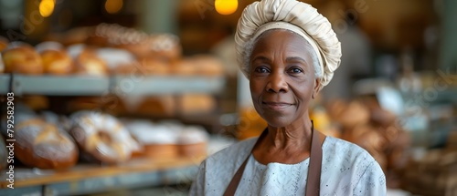 Portrait of an elderly African woman baker in an apron and beret in a bakery. Concept Portrait, Elderly, African Woman, Baker, Apron, Beret, Bakery