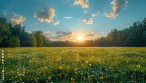 Serene Natural Landscape: Sunlit Meadow with Lush Green Grass and Dancing Shadows，Under the bright sunshine, there is a wide lawn with trees and blue sky in the background. The green grass is lush and