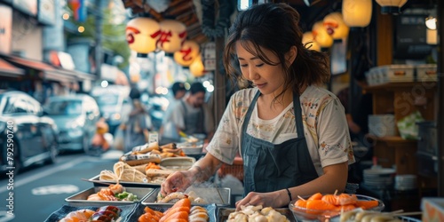 Japanese woman at an outdoor market, exploring food stalls, vibrant atmosphere, daylight, casual clothing