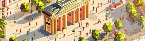 An isometric 3D vector illustration showing the historic Brandenburg Gate at the heart of Berlin, bustling with tourists and street performers, capturing the spirit of German culture and history