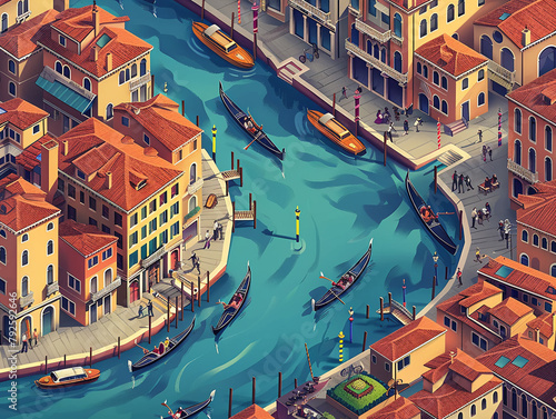 Isometric 3D vector artwork of Venice's winding canals with gondolas and colorful buildings, showcasing the unique water-based architecture and the lively tourist interactions in Italy